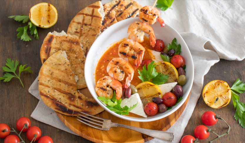 Grilled Shrimp Saganaki-Style with Tomatoes, Olives, & Feta